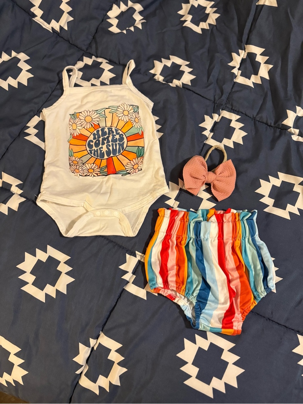 Infant White Graphic Tank Bodysuit with Rainbow Stripe Bloomers and Pink Bow Set